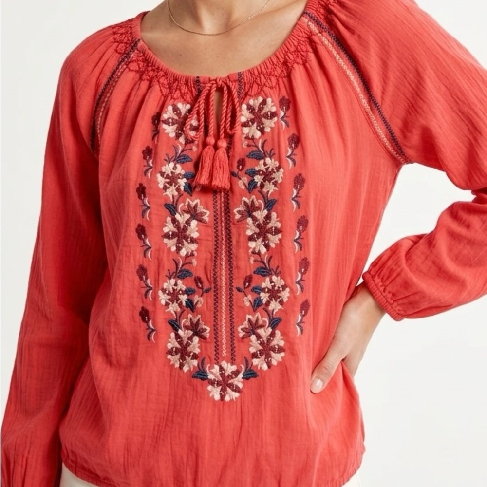 A&F Boho Floral Embroidered Peasant Blouse Red Orange 2026 Trend XL